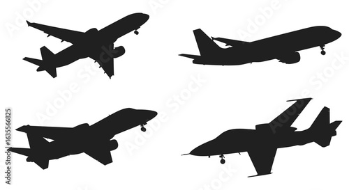 Four Airplane Silhouettes Passenger and Fighter Jets, Flat vector