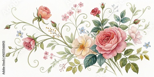 Pink roses and flowers form a lovely spring bouquet, perfect for a vintage wedding or Valentine's card illustration