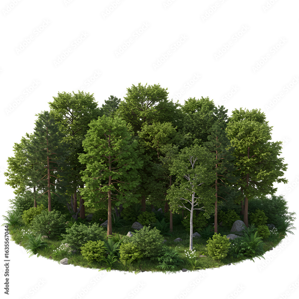 Obraz premium Realistic Isolated 3D Render of Lush Green Forest Trees with Transparent Background