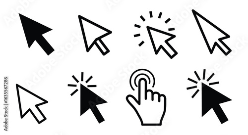 Collection of Black and White Computer Mouse Cursors, Flat vector