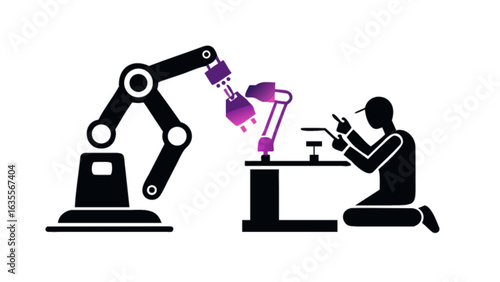 Automation manufacturing robot assembly line industry production process and worker collaboration concept