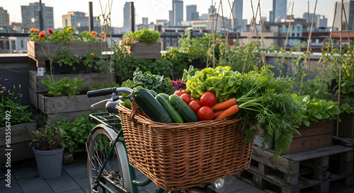 Basket on bicycle front filled with urban rooftop garden vegetables