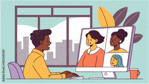 Online meeting video conference call from home office with diverse team members and remote work collaboration
