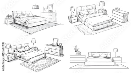 Hand-drawn bedroom interior illustration featuring beds, lamps, dressers, and rugs, perfect for home decor, interior design, and furniture presentation concepts.