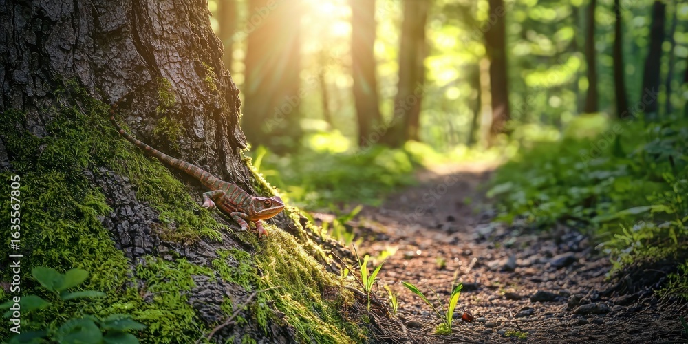 Obraz premium A sunlit forest path with a chameleon blending into a moss-covered tree trunk