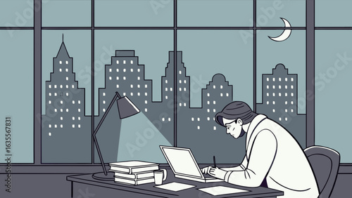 Illustration of late night work at desk with laptop and city view for business and study concept design