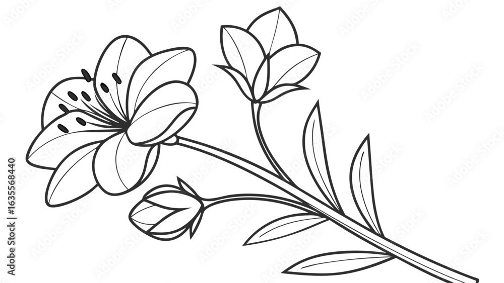 Fototapeta premium Elegant Line Art of a Blooming Flower with Buds and Leaves, Ideal for Coloring Books and Botanical Illustrations