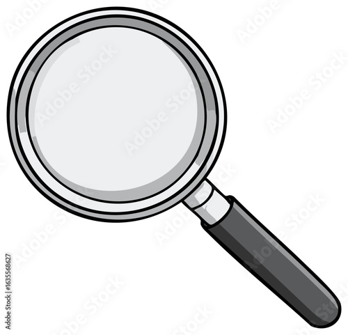 Magnifying glass tool with grayscale outline in cartoon vector style for detail search or research concepts
