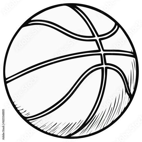 Basketball illustration showing sports equipment, black and white line art graphic