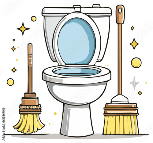 Cartoon toilet bowl illustration with cleaning brooms and shining clean sparkles vector design, home hygiene equipment, household routine chores