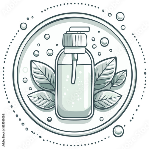 Hand drawn bottle dispenser leaves and bubbles skin care product illustration
