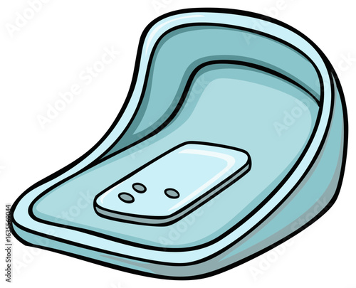 Cartoon illustration of a blue soap dish with a built-in soap holder