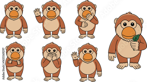 Cute cartoon monkey characters, funny monkey poses, happy monkey illustrations, playful wild animal drawings, friendly primate designs, kids fun monkey images