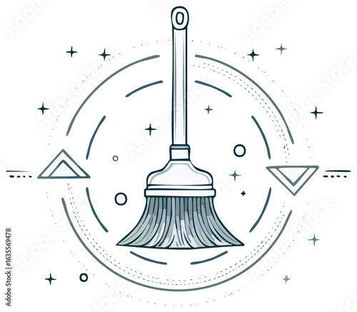 Broom and dustpan cleaning household tools with decorative elements around