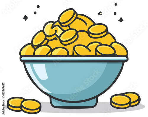Bowl of Gold Coins Illustration Cartoon Style Financial Success Abundance Concept Decorative Light Blue Bowl Golden Money Treasure Wealth