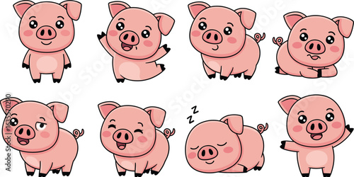 Cute cartoon baby pigs, adorable pink piglets, happy farm animals, playful pig characters, smiling pigs in various poses, kids illustration, funny pigs
