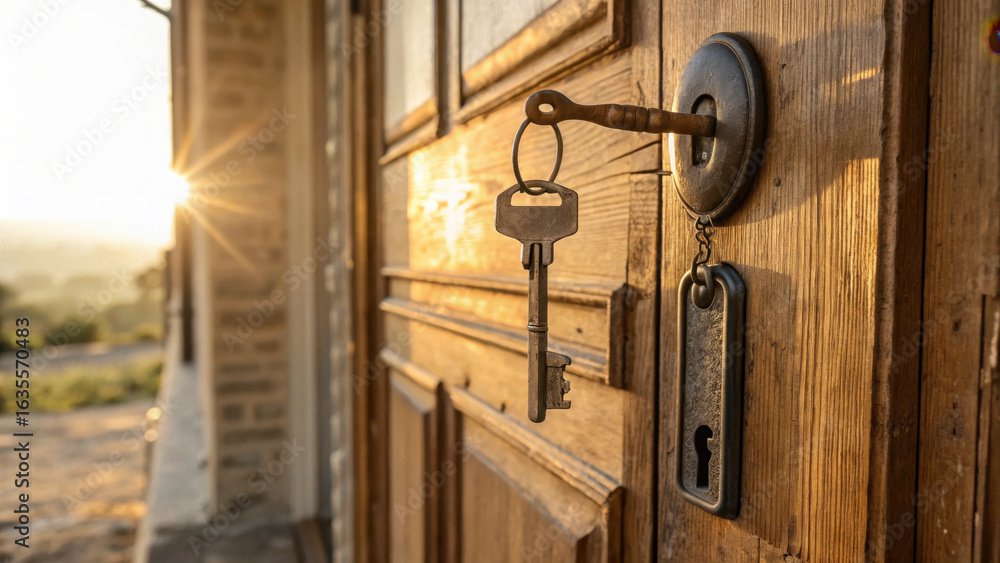 Obraz premium Close up of vintage key hanging from wooden door, capturing warm sunset glow