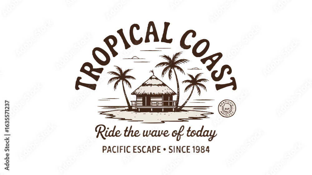 Obraz premium Tropical Coast Hut Palm Trees Vintage Logo Design island beach