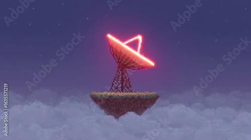 Weather radar icon 8 bit game style, Pixel art style weather radar icon glows bright in 8 bit game style above clouds under starry night sky