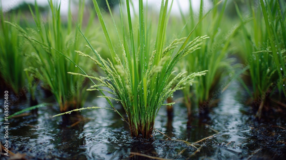 Fototapeta premium Closeup rice plants in watery paddy field