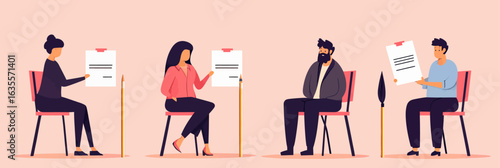 Group of diverse people seated holding papers showing job application or resume rejection or acceptance in flat minimalist style vector illustration