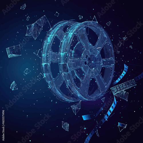 Futuristic polygonal digital film reel with glowing wireframe and fragmented geometric debris on dark background cinematic technology concept