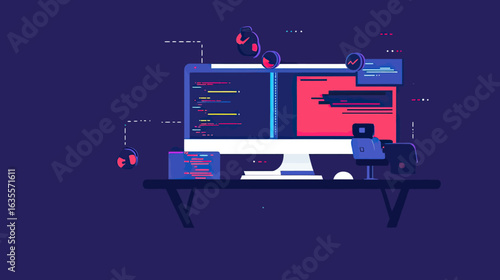 Flat minimalist vector illustration of dual monitor computer setup with code editors open for software development and programming workflow on dark background
