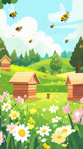 Bright countryside meadow with blooming flowers and flying bees near wooden beehives in sunny apiary rural landscape vector illustration
