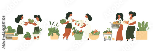 Women shopping fresh organic vegetables and groceries with shopping carts and baskets in flat minimalist vector illustration set for online grocery concept