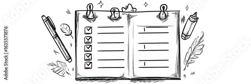 Hand drawn sketch open planner notebook with checklist tasks pen feather and glue stick in minimalist doodle style vector illustration