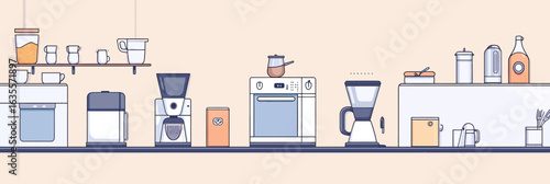 Minimalist kitchen appliances flat vector illustration with coffee maker, blender, oven, toaster, electric kettle, and countertop storage in modern home setting