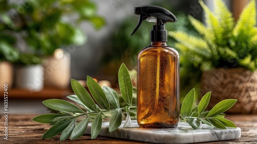 Nano-olive extract all-purpose cleaner in amber glass with olive leaf on marble