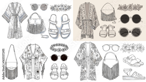 Artistic hand-drawn set of summer outfits and accessories including kimonos, sandals, sunglasses, handbags, and jewelry, perfect for beach and holiday design projects.