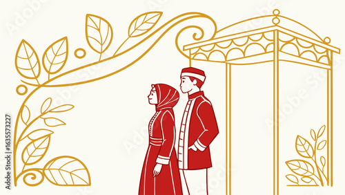 Traditional Asian Couple in Cultural Attire Illustration with Ornate Canopy and Golden Leaf Design