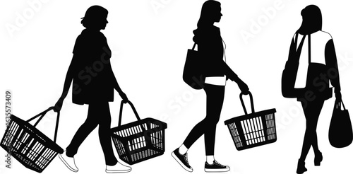 Silhouette of three women walking carrying shopping baskets and bags, female shoppers, retail, consumer lifestyle, market shopping, commerce, fashion, shopping activity