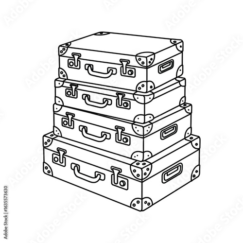 Stack of vintage luggage in a hand drawn sketch style