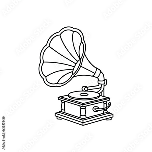 Vintage gramophone illustration with ornate horn and wooden base