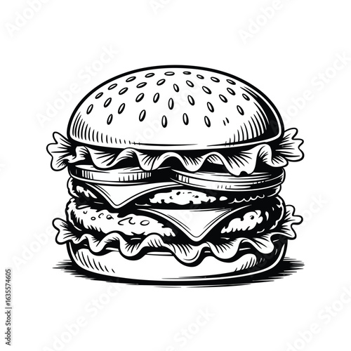 Hand drawn sketch of a delicious double cheeseburger with lettuce and tomato