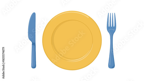 Yellow Plate with Blue Knife and Fork on White Background vector illustration