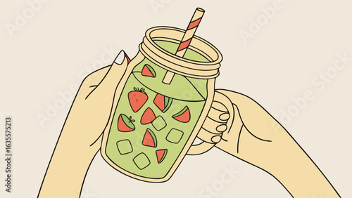Delicious summer fruit smoothie recipe in mason jar held by hands for healthy lifestyle and wellness