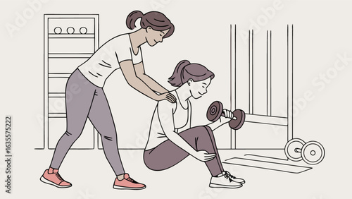 Personal trainer assisting woman with dumbbell exercise workout fitness training strength building at gym