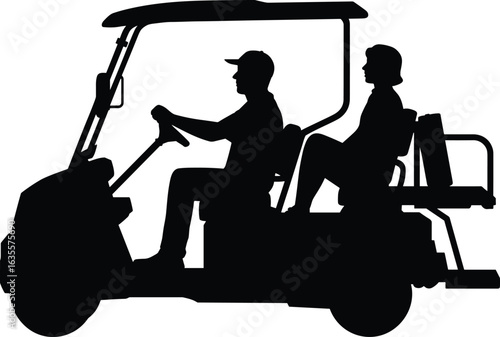 Silhouette of man driving golf cart with woman passenger, transportation scene, black and white vector, outdoor activity, modern lifestyle