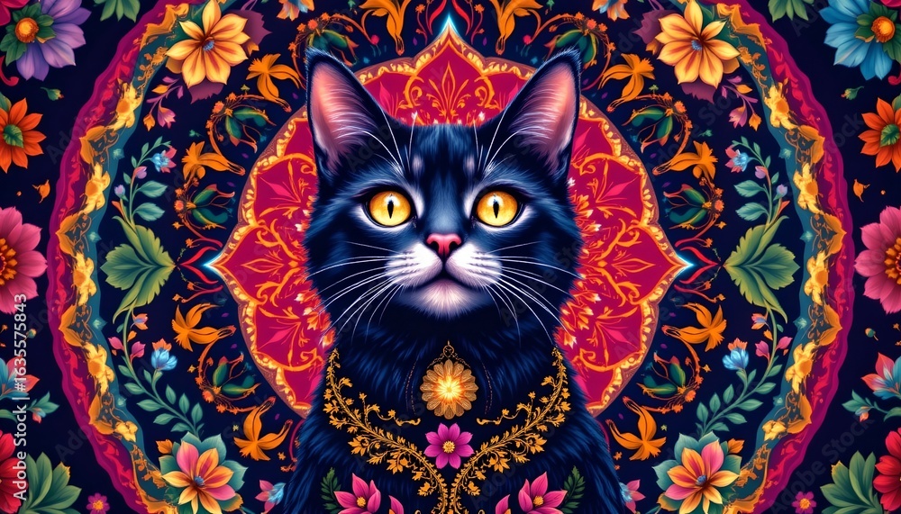 Fototapeta premium a cat with an expressive face at the center of an elaborate, colorful circular design