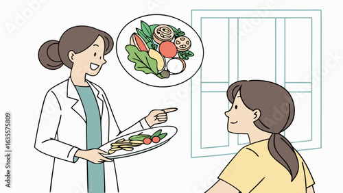 Nutritionist doctor explaining healthy eating diet plan to patient for wellness and weight loss management advice