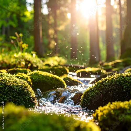 Sunlit stream flows over moss-covered rocks in a lush forest