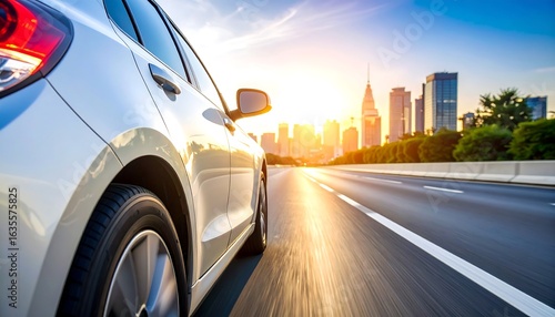 Fototapeta Naklejka Na Ścianę i Meble -  White car on highway at sunrise, city in background