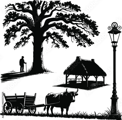 Silhouette of rural life with old tree, ox cart, traditional hut, vintage street lamp, man standing, peaceful village scene