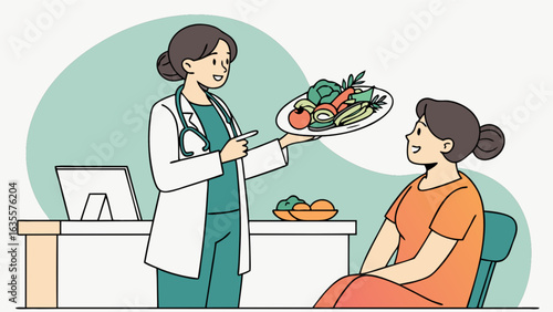 Doctor recommending healthy diet plan with fresh vegetables and fruits for patient consultation advice
