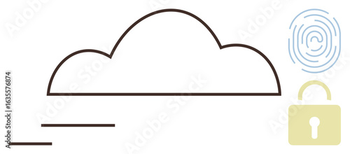 Minimalist cloud outline, fingerprint, and padlock representing secure cloud storage, data protection, privacy, digital access, cybersecurity, encryption secure design. Ideal for tech business