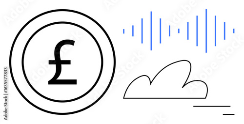 Pound sterling icon in a circle, cloud outline, and sound waves. Ideal for finance, cloud computing, technology, investment, audio tech, fintech and simple landing page